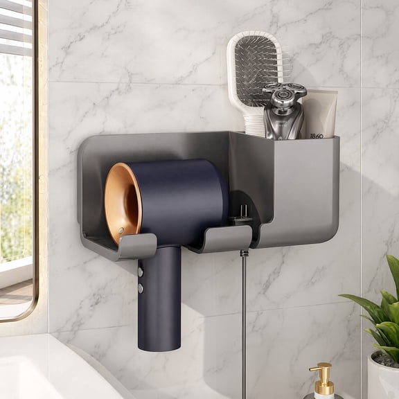 Wall-Mounted Hair Dryer Holder & Tool Organizer, Adhesive Vanity, Plastic Bedroom - Gray