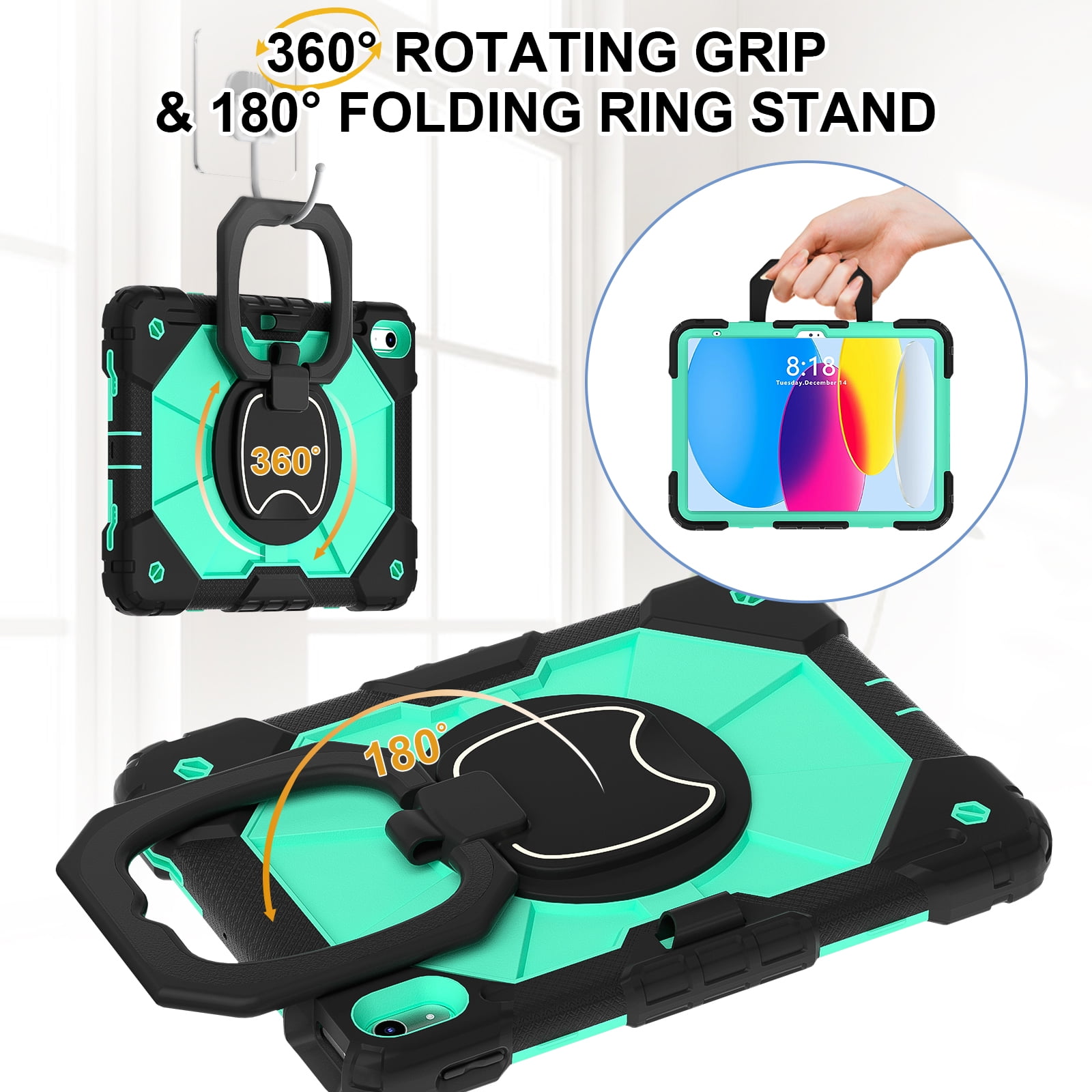 Dteck Case for iPad (A16) 11th/10th Generation 10.9 inch 2025/2022,Rotating Stand & Pencil Holder & Hand Grip & Shoulder Strap Shockproof iPad 11th/10th Generation Case (11th/10th Gen),Black + Mint