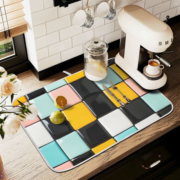Yayeee Dish Drying Mat for Kitchen Counter 16" x 18" Microfiber Super Absorbent Coffee Decorative Pad, Yellow Checkered Pattern