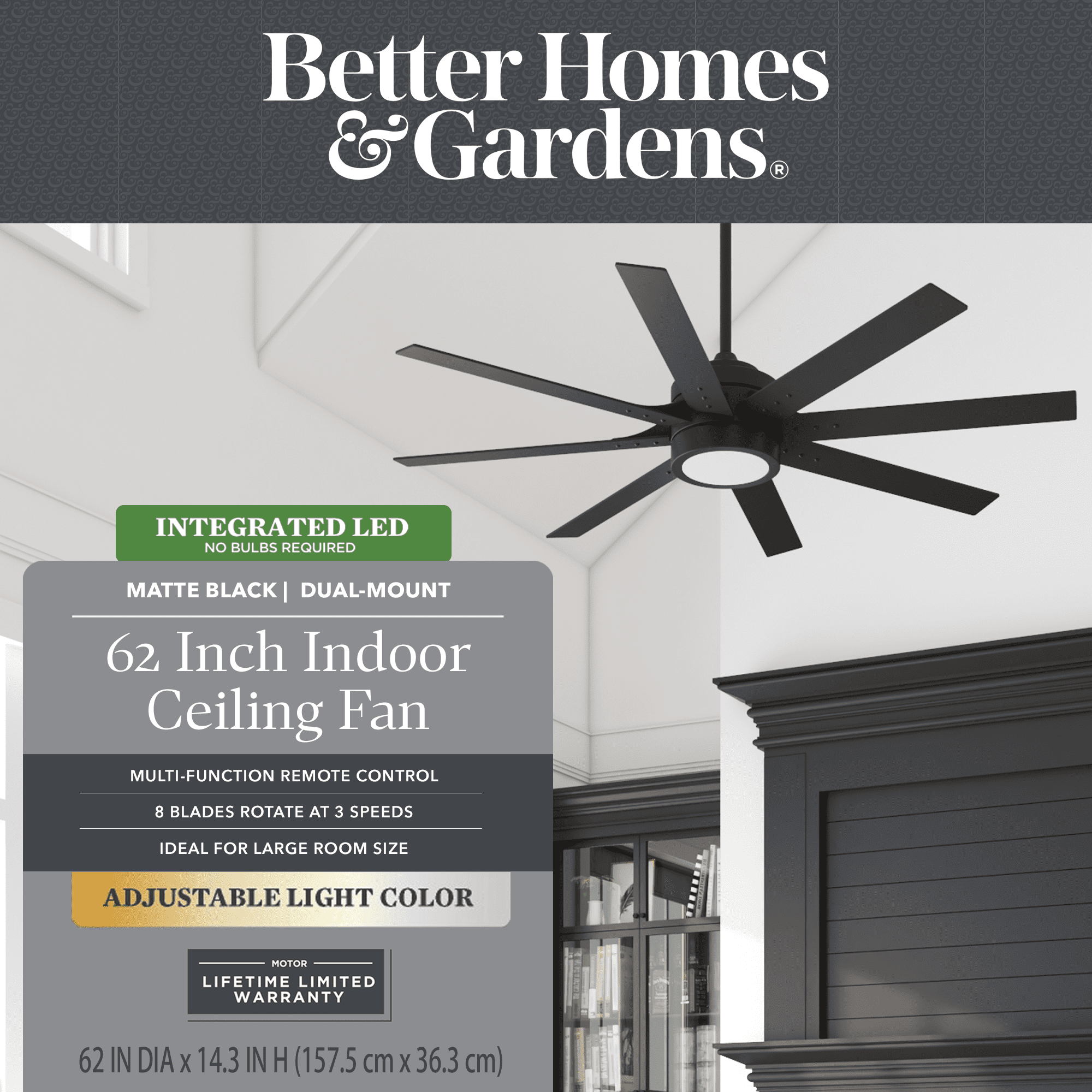 Better Homes & Gardens 62'' Black Modern LED Angled Indoor Ceiling Fan with Remote