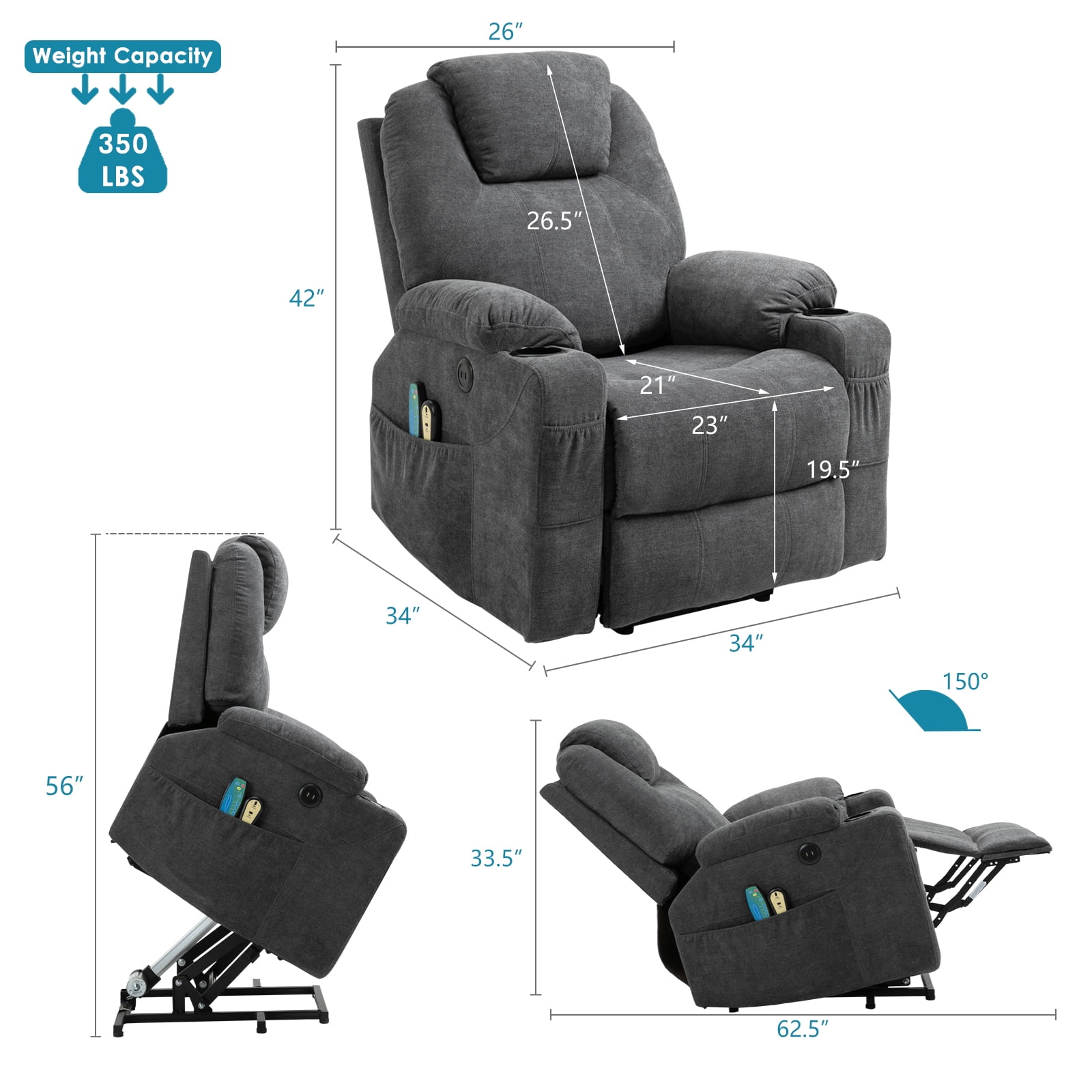 OUINCH Power Lift Recliner Chair, Electric Massage & Heated, Fabric with USB & Cup Holders, Grey