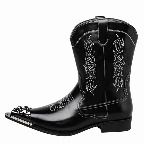 Men’s Embroidered Western Cowboy Boots, Pointed Toe Metal Toe Cap Block Heel, Side Zipper Vintage British Style Chunky Heel Mid-Calf Boots