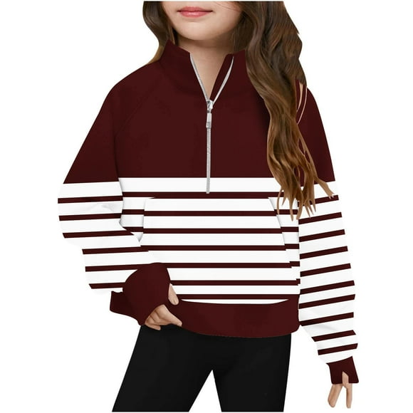 Milgrthf Chandails à Rayures Décontractés pour Fille Adolescents Manches Longues Tendance Amples Demi-Glissière Chandails T-Shirts avec Trou pour le Pouce Rouge 11 Ans