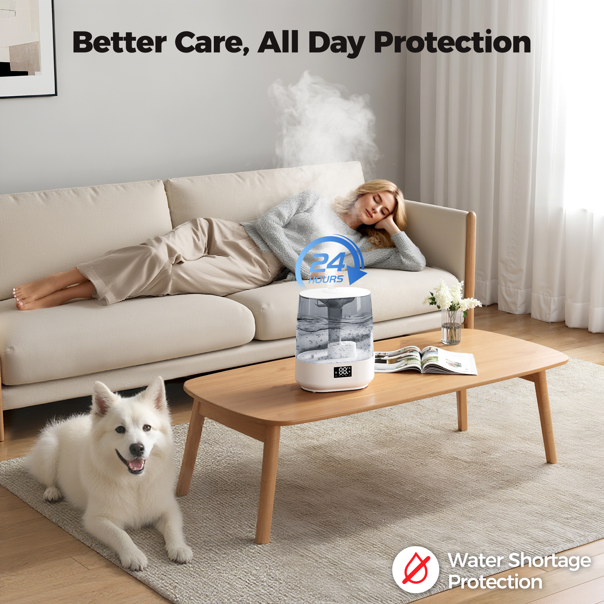 6L Humidifiers for Bedroom Baby Room, Cool Mist Ultrasonic Humidifier with Humidity Sensor, Top Fill 60H & 28dB Quiet Runtime, 8+1 Color Night Lights, 360° Dual Nozzle--Gray