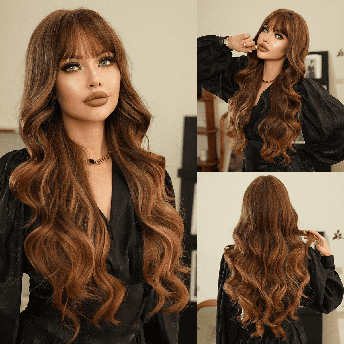 PEAKIN Fashion Wig 30 inch Women Gold Brown Long Curly Hair Big Waves with Bangs Headpiece Wavy Wigs