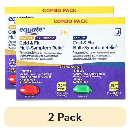 (2 pack) Equate Daytime and Nighttime Alcohol-Free Cold & Flu Relief 48 Softgels, Compare to Vicks DayQuil and NyQuil LiquiCaps