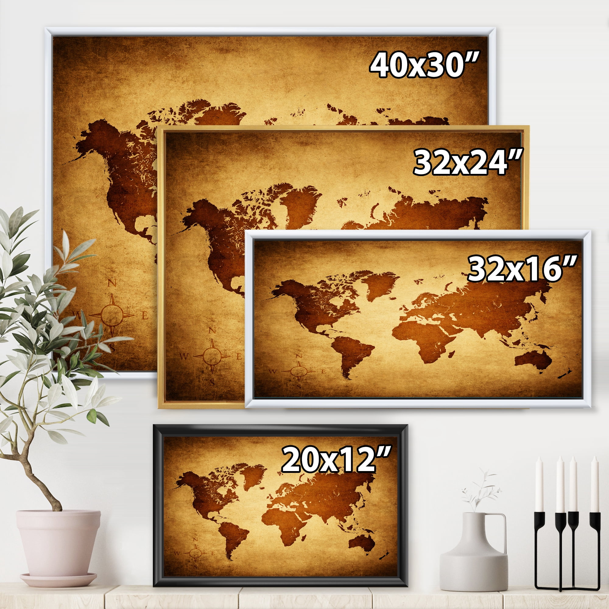 Designart 'Ancient World Map VI' Vintage Framed Canvas Wall Art Print