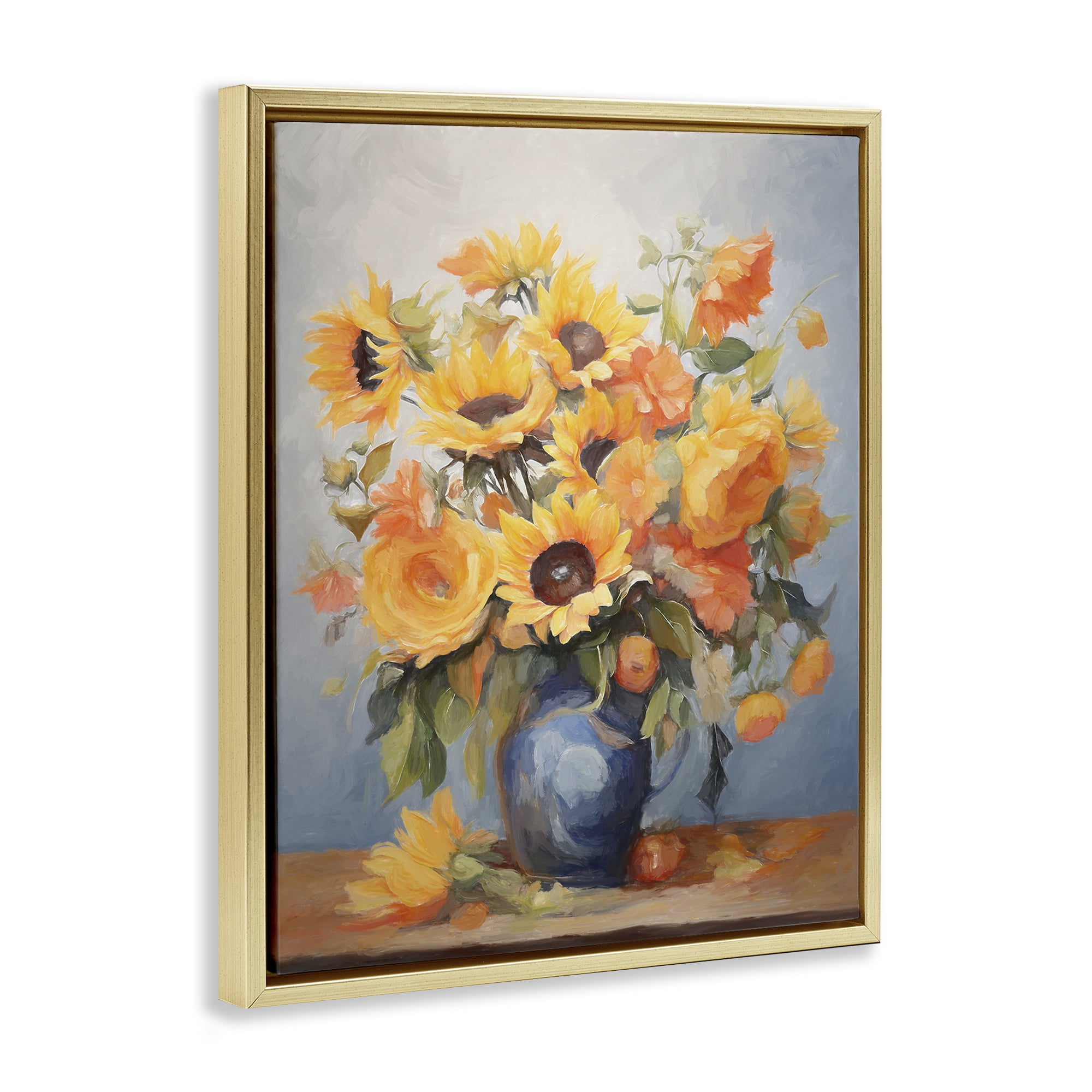Stupell Industries Sunflower Medley Vase Botanical & Floral Painting Gold Floater Framed Art Print Wall Art, 17 x 21