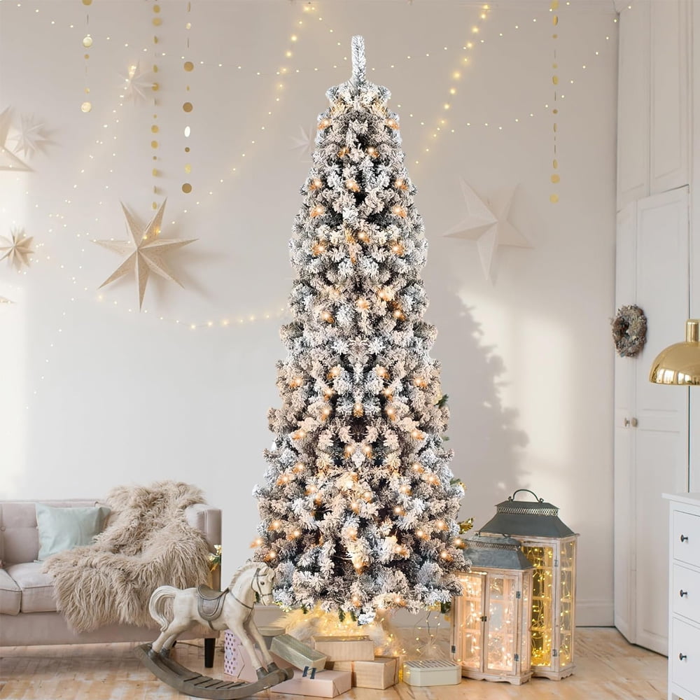 Abble Pre-lit Snow Flocked Artificial Slim Pencil Christmas Tree - 8Ft
