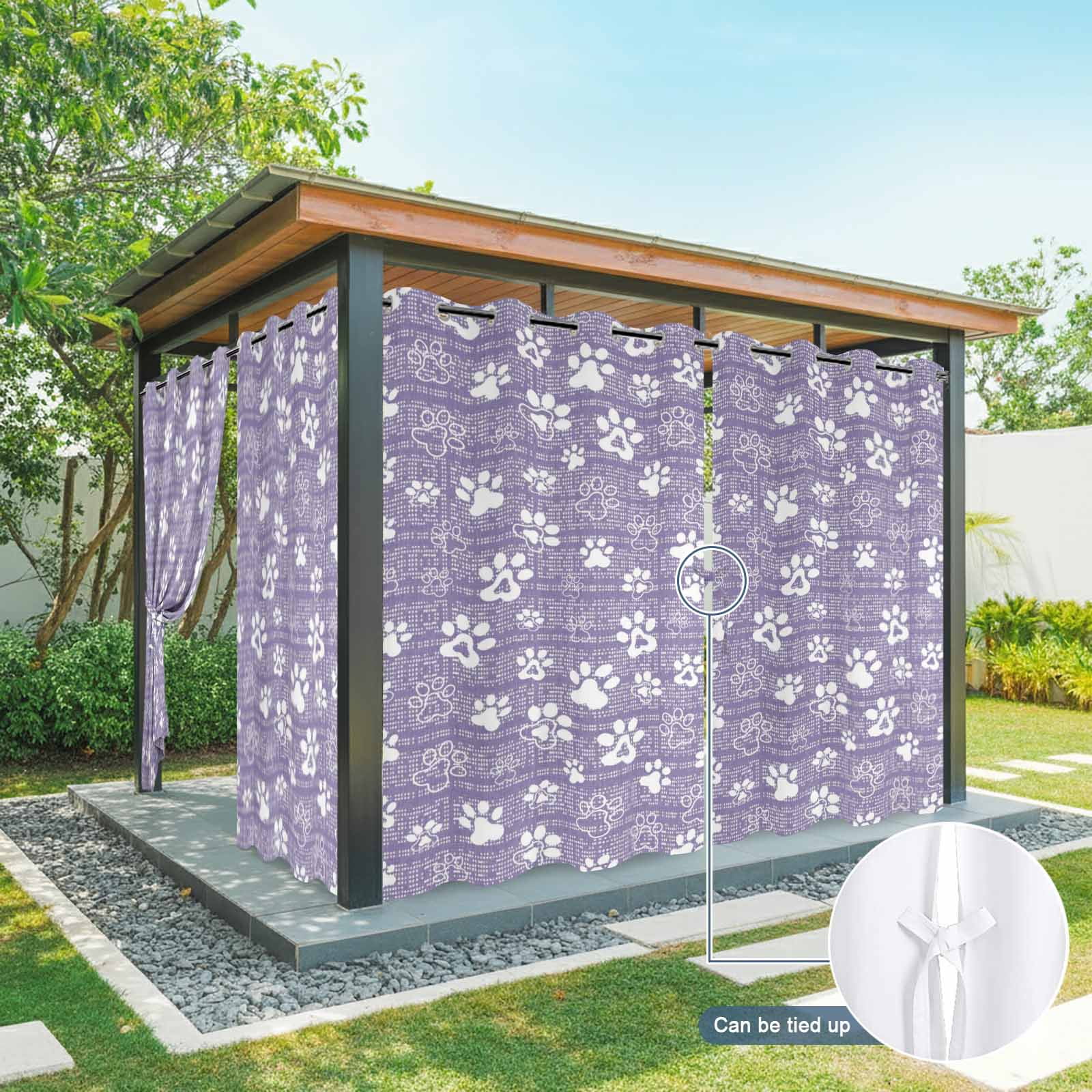 Purple Paw Print Outdoor Curtains for Patio, Modern Classic Purple White Animal Large Paw Pattern Plaid Sunshade Privacy Drapes Grommet Waterproof Outside Curtains for Porch Balcony 54"x108", 1 Panel