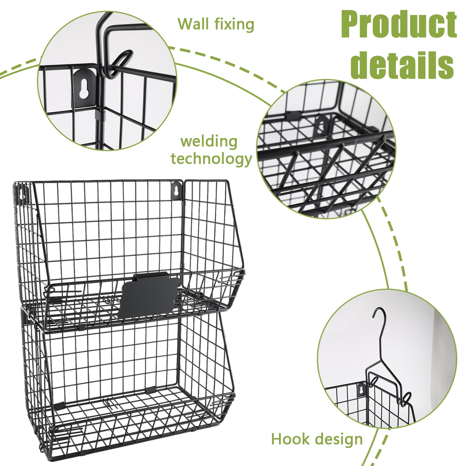 Pethiy 2-Piece Metal Wire  Onions & Potatoes Storage Baskets, Multi-Use Stackable Wall-Mount Produce Storage Set with Custom Labels