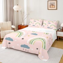 Manfei Cute Cartoon Rainbow Twin Sheet Sets,Boho bohemian Style Twin Fitted Sheet,Pink Green White Flat Sheet For Girls,Luxury Bedroom Decor,3pcs