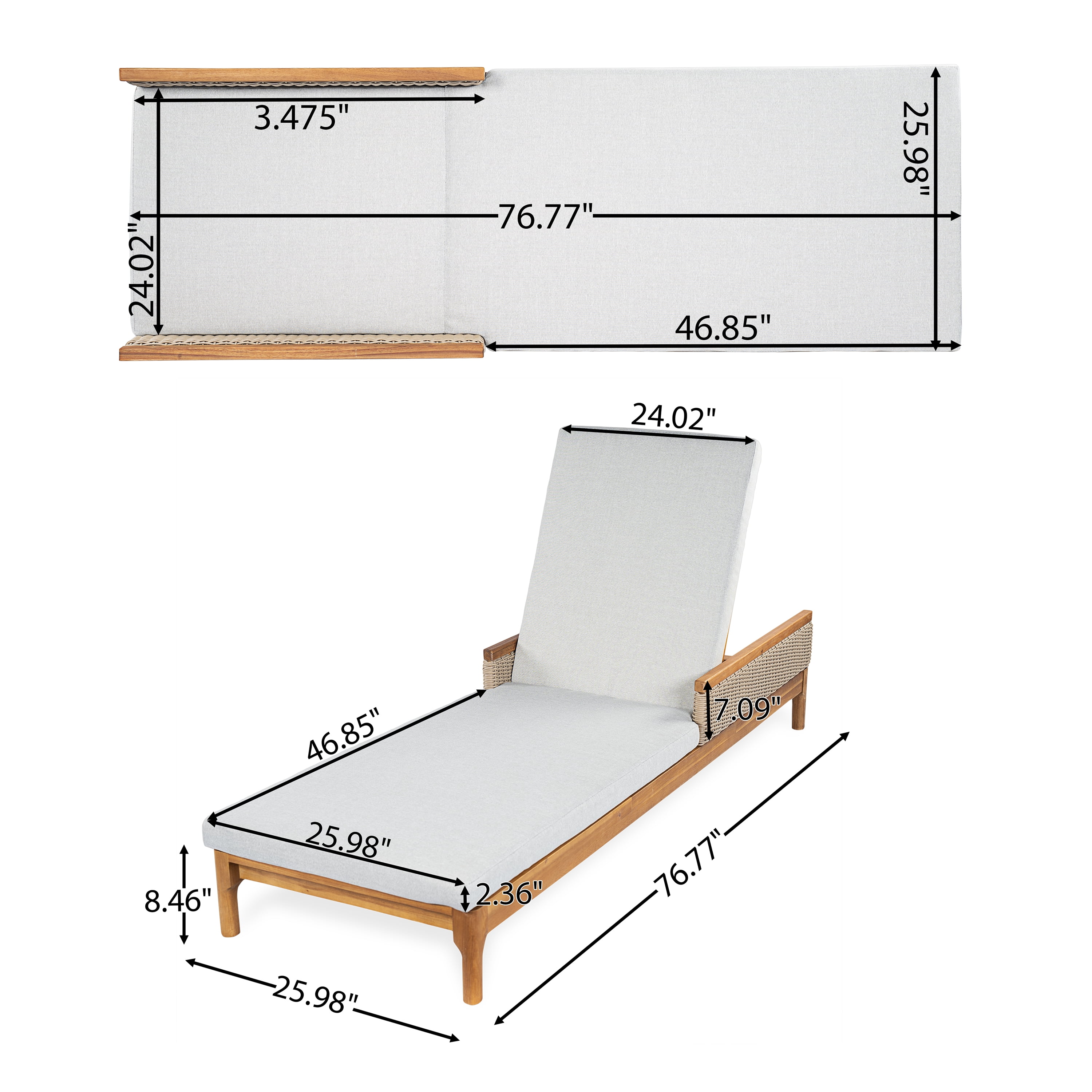 Sun Lounger, Solid Acacia Wood Outdoor Recliner with Grey Cushions and Light Grey Wicker for Garden Deck, Natural and Light Grey