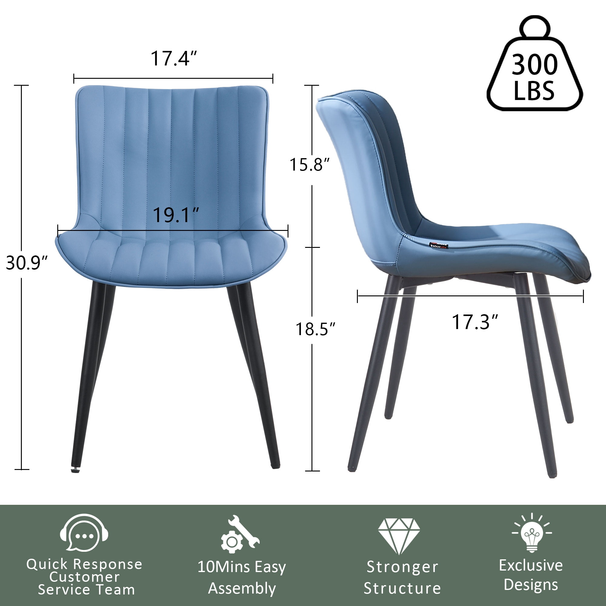 YOUNIKE Soft Dining Chair Set of 2 Faux Leather Upholstered Wide Back Kitchen Chair, Blue