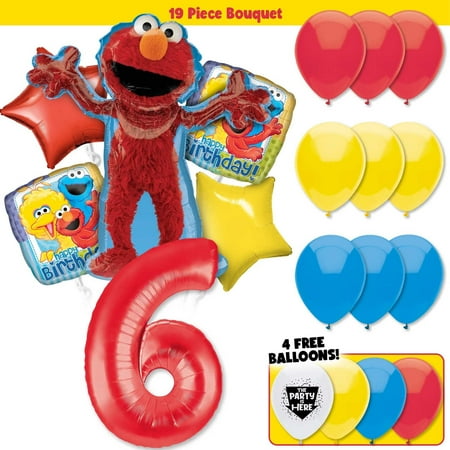 19pc Elmo Sesame Street Birthday Balloon Party Kit with 40” Number 6 Red Age Balloon - Birthday Party Decoration Supplies
