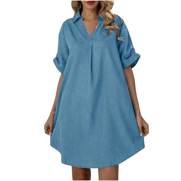 TIHLMK Summer Dresses for Women Women's Fashion Turn-down Collar V-Neck Loose Short Sleeve Solid Mini Dress Gift for Women