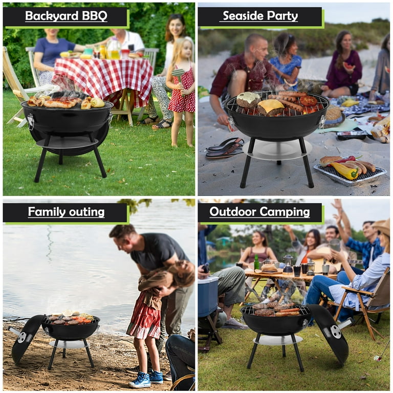 Walchoice 14'' Portable BBQ Grill with Black Lid, Outdoor Cooking