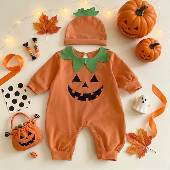 2Pcs Neutral Outfits Baby Boy Girl Pumpkin Romper Jumpsuit My 1st Halloween Clothes With Hat