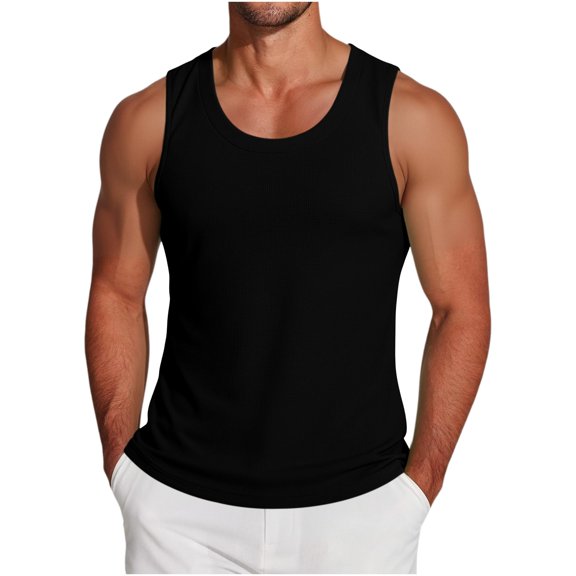 Lopecy-Sta Tank Tops for Men U-Neck Solid Vertical Ribbed Sleeveless Stretch Cotton Slim Fit Gym Bodybuilding Muscle Vest