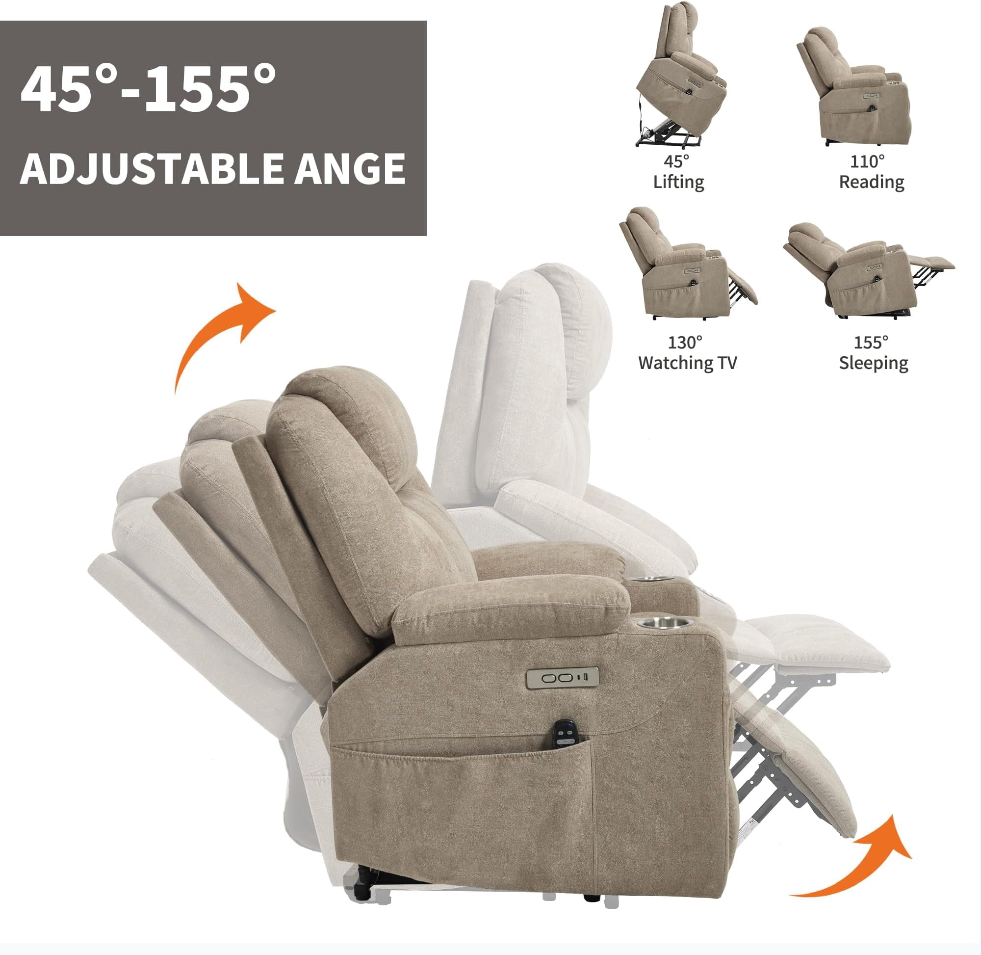Power Lift Recliner Chair, Electric Lift Recliner for Elderly Reclining Chair with Vibration Massage and Lumbar Heating, Single Sofa with Charging Ports Cup Holders