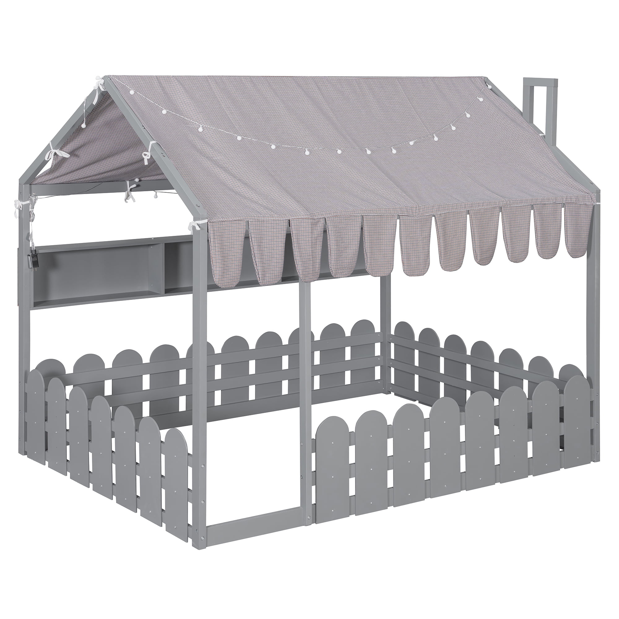 Aukfa Full Size House Bed with Fence and Tent for Kids, Wooden Montessori Bed with LED Lights & Storage Shelves for Toddler Boys and Girls Bedroom, Gray