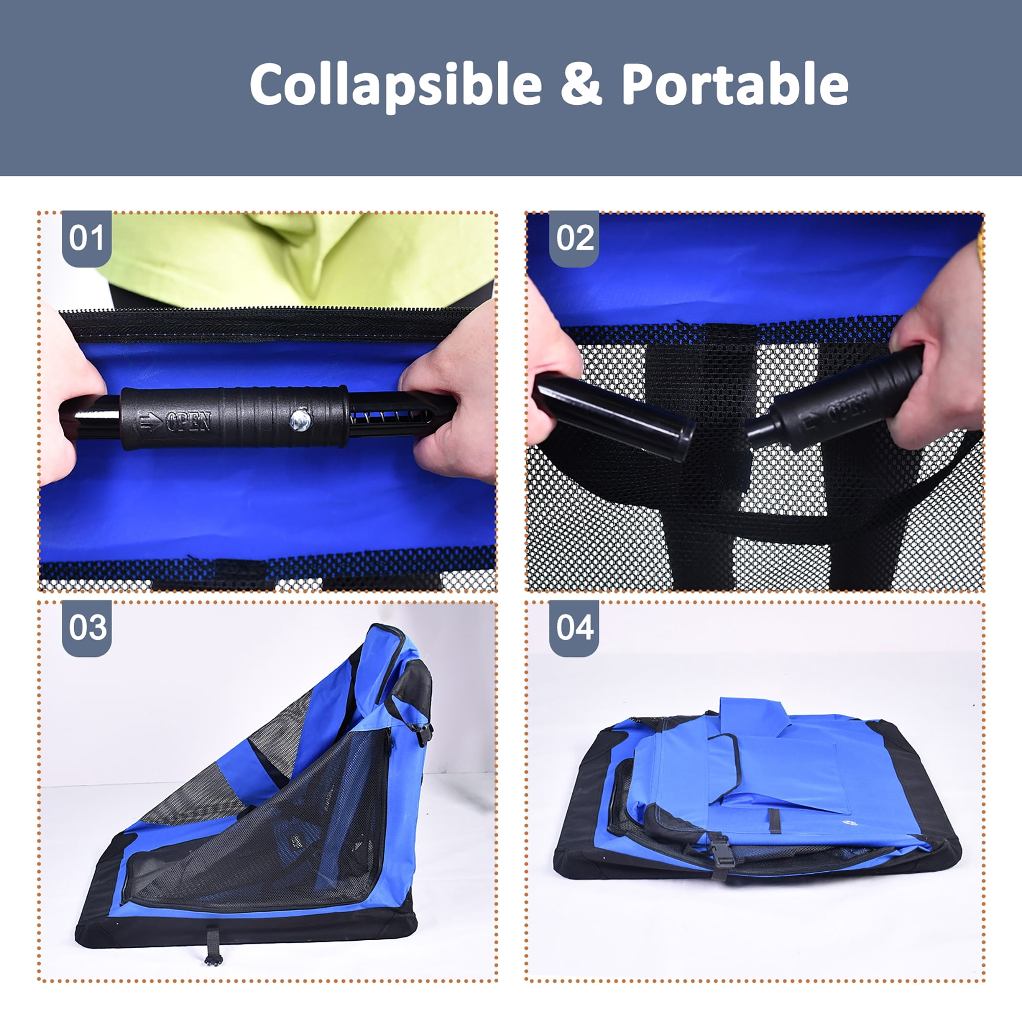 JESPET: 30" Soft Pet Crate - Blue - Dogs & Cats Up to 50 lbs, 3 Door Folding Kennel, Indoor Outdoor Travel Carrier, Mesh Windows, Fleece Mat, GooPaws