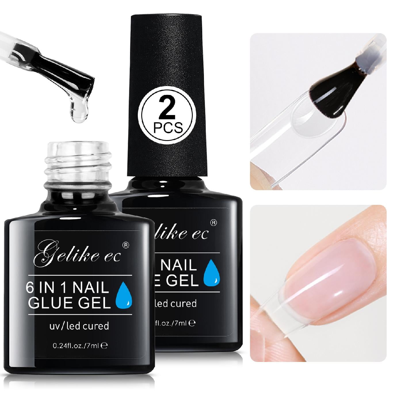 Gelike EC 2Pcs Nail Glue Gel 6 in 1 Base gel for Acrylic Nails, UV Gel Nail  Glue for Fake Nail Tips & Press on Nails 