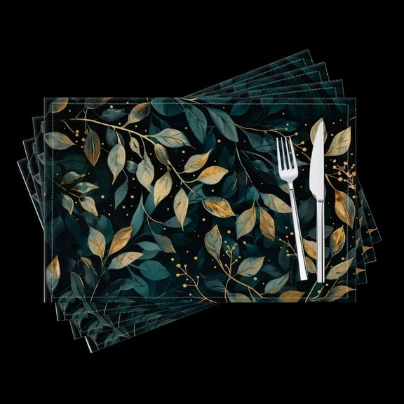 BaHomeck placemats Set of 4 Dark Green And Gold Leaves Pattern On Black Background, Cotton Linen rectangle Placemats for Kitchen Dining Table Indoor,Outdoor,18*12inch