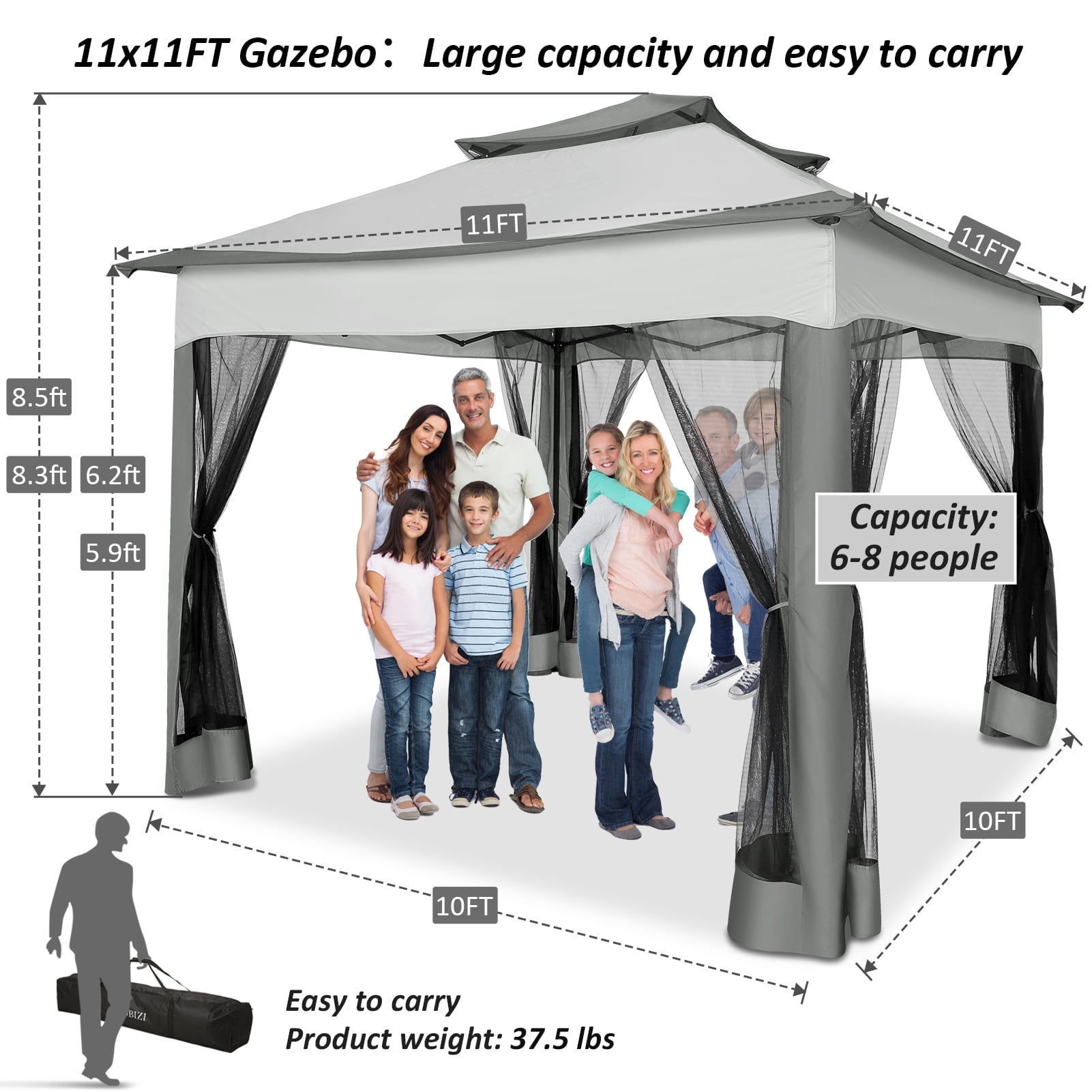 COBIZI 11x11 Pop up Gazebo Outdoor Canopy Gazebo Patio Gazebo with Mosquito Netting Canopy Shelter with 121 Square feet of Shade for Poolside, Garden, Party and Backyard, Gray(Upgraded)