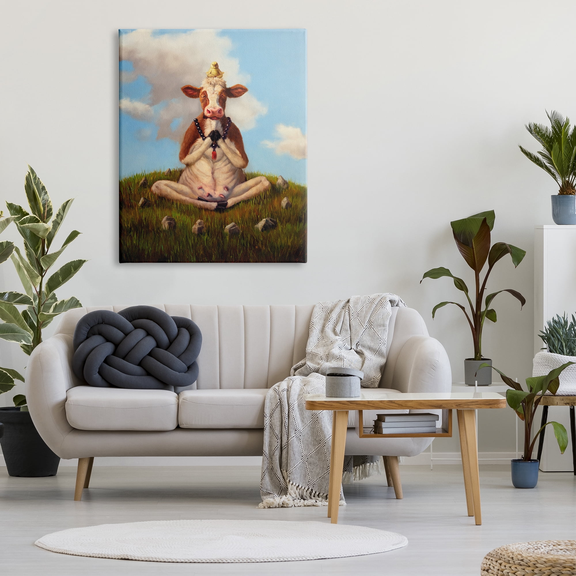 Stupell Industries Cow & Chick Meditating Animals & Insects Painting Gallery Wrapped Canvas Art Print Wall Art, 36 x 48