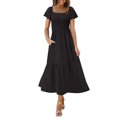 thumbnail image 2 of Daiosportswear Womens Summer Casual Midi Dress Square Neck Ruffle Short Sleeve Smocked High Waist A Line Wedding Guest Dresses,Women'S Short-Sleeved Dress Black XXXL, 2 of 9