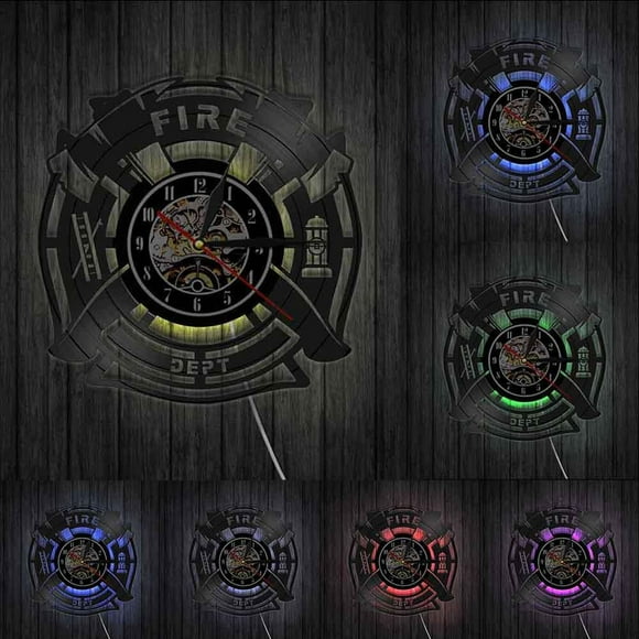 Fire & Rescue Fire Dept Sign Decoration Wall Clock Firefighter Vinyl Record Wall Clock Man Cave Firemen Decorative Clock Watch