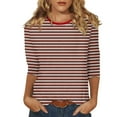 thumbnail image 2 of Women's Crew Neck 3/4 Sleeve Striped Print Top, Contrast Trim Casual Slim Fit Basic T-Shirt Blouse for Spring Summer Daily Wear 09-Vermilion XL, 2 of 5