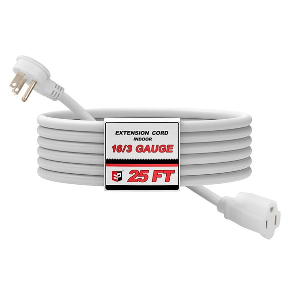 EP 25 Ft 16/3 Flat Plug Indoor Extension Cord, White Low Profile Extension Cable