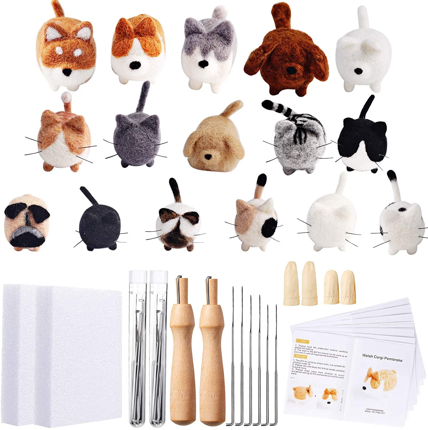 Doll Making Kit Needle Felting Kit for Beginners 3Pcs Wool Felt Animals,Make Tools and Instructions 