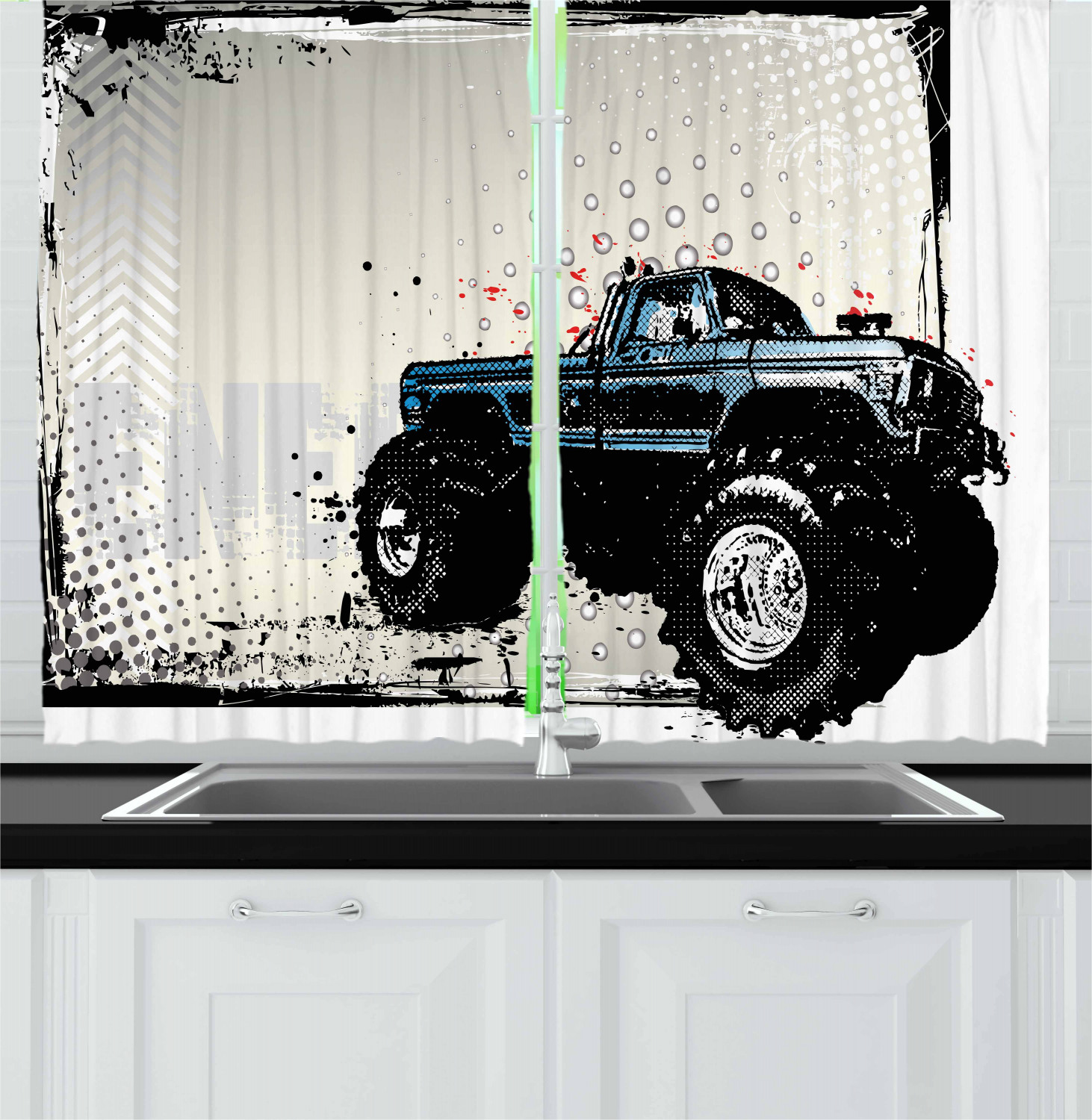 Truck Curtains 2 Panels Set, Halftone Pattern Background with Color Splashed Frame and Monster