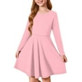 thumbnail image 3 of LTTVQM Girls Casual Dresses 11-12 Summer Solid Color Long Sleeve Midi Dress Cute Round Neck Sundress Comfy Church Dress Pink, 3 of 5