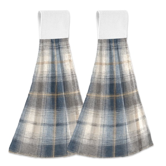 Dailycode Kitchen Wash Cloths with Hanging Loops Absorbent Absorbent Quick Drying Hand Towels, 2 Pack, Navy and White Plaid