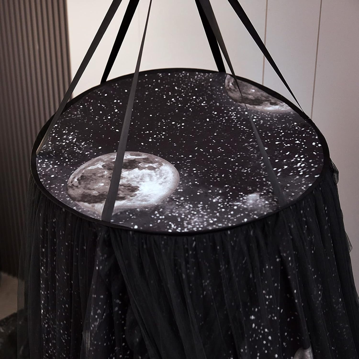 Gorgeous Moon Printed Bed Canopy for Girls & Adults, Room Decorative Cozy Bed Curtain Canopy Drapes, Round Dome Luxurious Lace Princess Canopies Mosquito Netting (Print Moon)