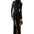 thumbnail image 7 of Kilaqueen Sexy Fashion Maxi Dresses for Women High Neck Long Sleeve Side Ruched Party Dresses Bodycon Party Club Thigh Split Long Dress, 7 of 7