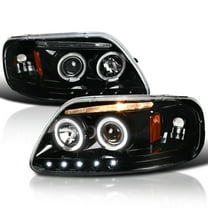 Spec-D Tuning Jet Black LED Strip Halo Projector Headlights Compatible with 1997-2003 Ford F150, 2004 Ford F150 Heritage, 1997-2002 Ford Expedition, Left Right Pair Headlamps Assembly