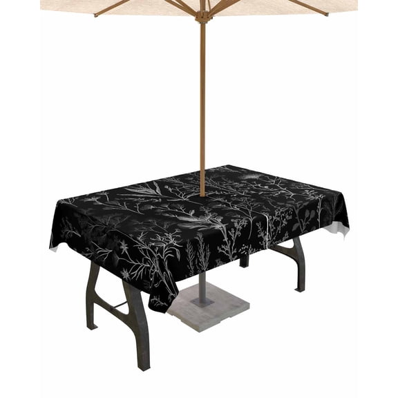 Fsddascl Black Spring Floral Outdoor Tablecloth - 54x80 Inch Rectangle Dining Table Cover, Vintage Botanical Watercolor Waterproof Outdoor Table Cloth with Umbrella Hole & Zipper for Picnic/Patio