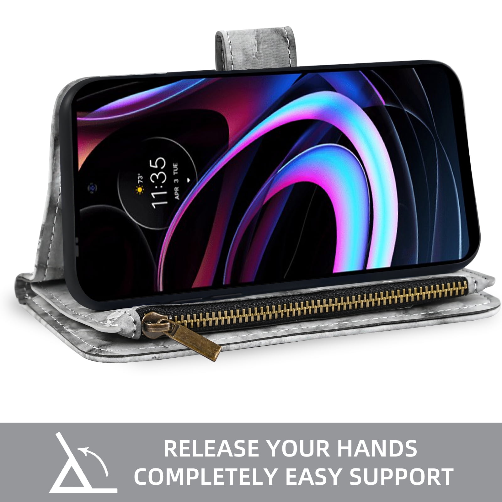 Compatible with Motorola Moto Edge 2021/MotoEdge 5G UW 2021 Wallet Phone Case and Tempered Glass Screen Protector Marble Faux Leather Flip Credit Card Holder Stand Zipper Cell Cover for XT2141-1 Grey