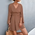 thumbnail image 6 of Women's Wrap V Neck Butterfly Sleeve Mini Dress Tie Back High Waist Button Plain A Line Dress Pleated Swing Tunic Dress, 6 of 6
