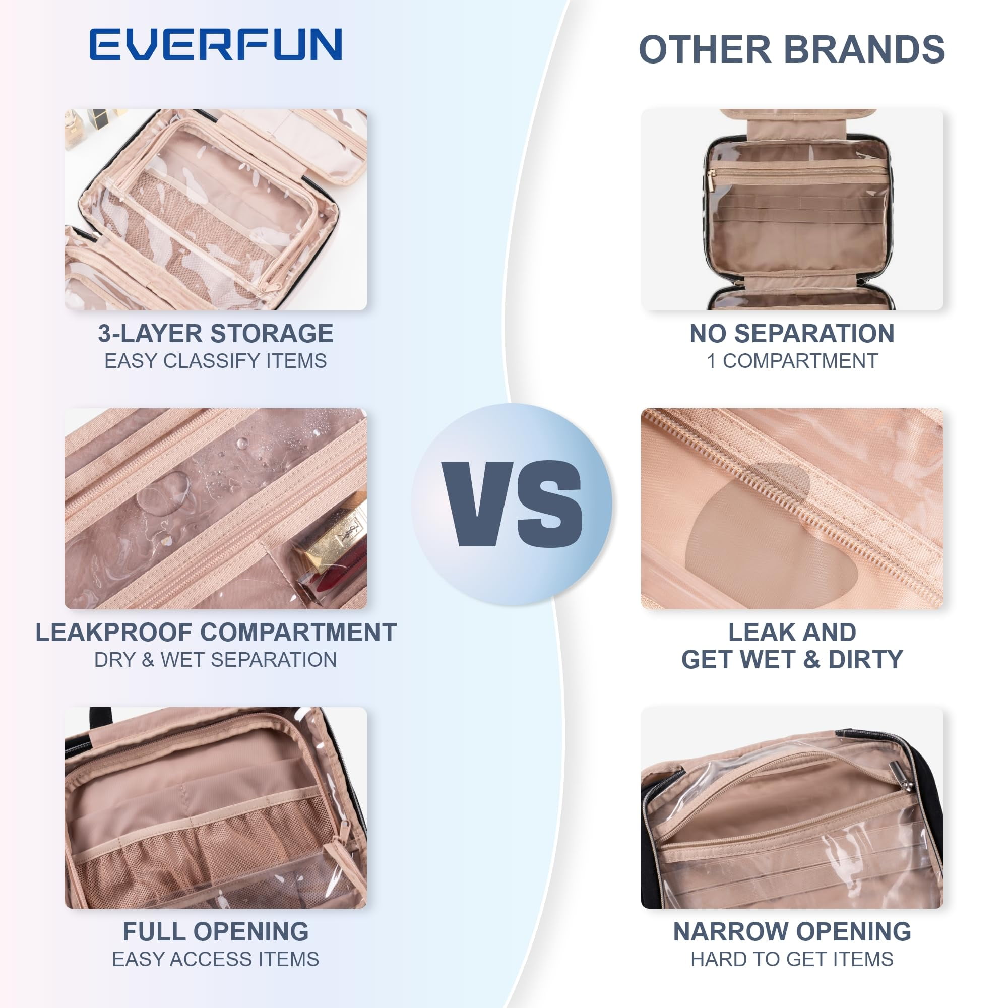 EVERFUN Large Travel Makeup Bag for Women Hanging Toiletry Bag Full Sized Cosmetic Bag Organizer Kit