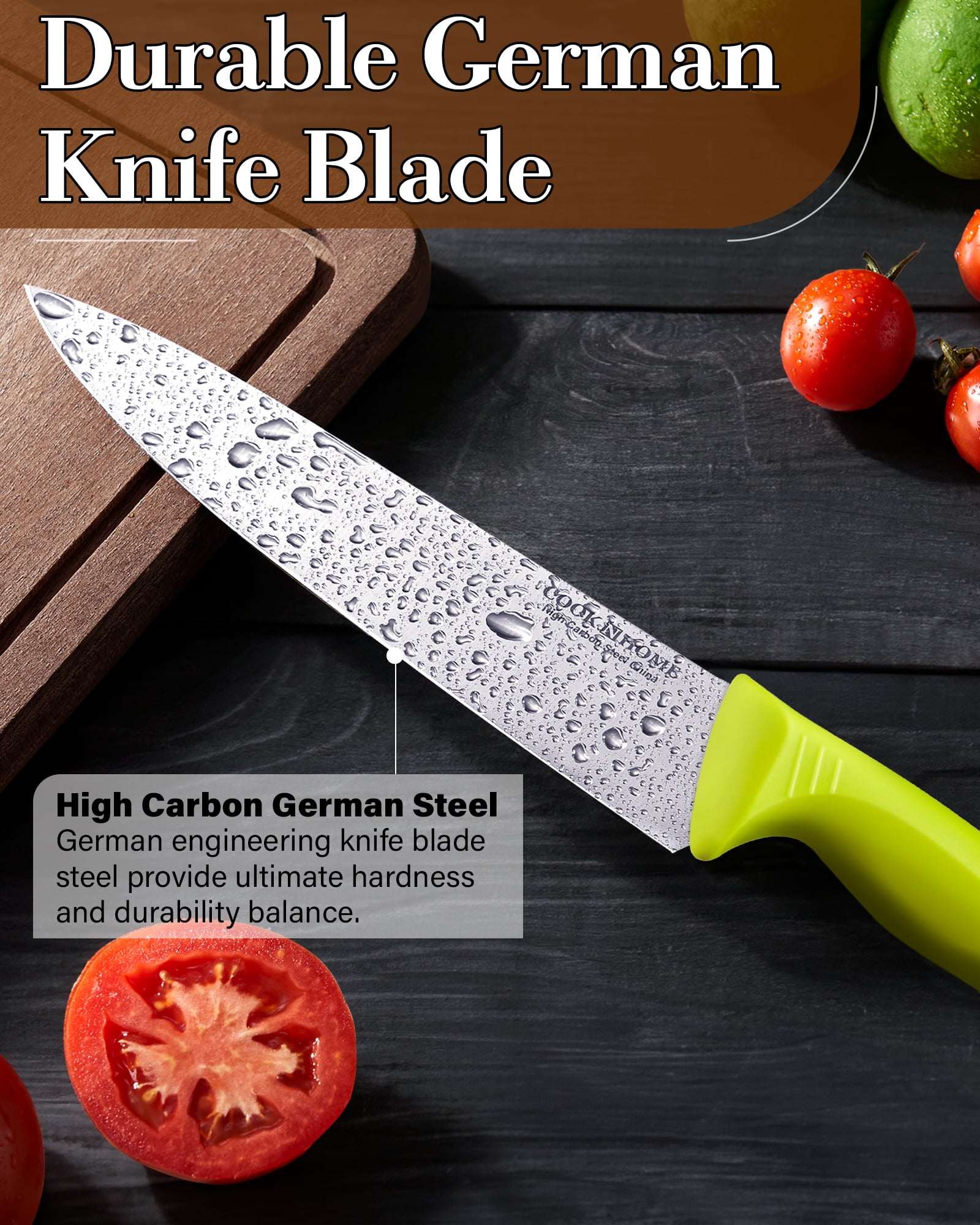 Cook N Home Professional 8 Inch Chef's Knife Multi-Purpose, Straight Edge High Carbon Stainless Steel Sharp Kitchen Knife, Ergonomic Handle, Green