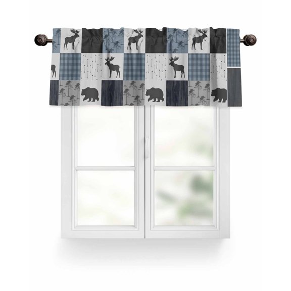 Country Forest Bear Moose Kitchen Valances for Windows Rustic Farmhouse Blue Black Plaid Valance Curtains for Kitchen /Living Room/Bedroom/ Bathroom Decor, 42"x12 " ,Rod Pocket 1 Panel,