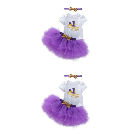 

wrea 2pcs Newborn Baby Girl First 1st Birthday Skirt Set Summer Short Sleeve Romper Tutu Skirt Headband Infant Suit