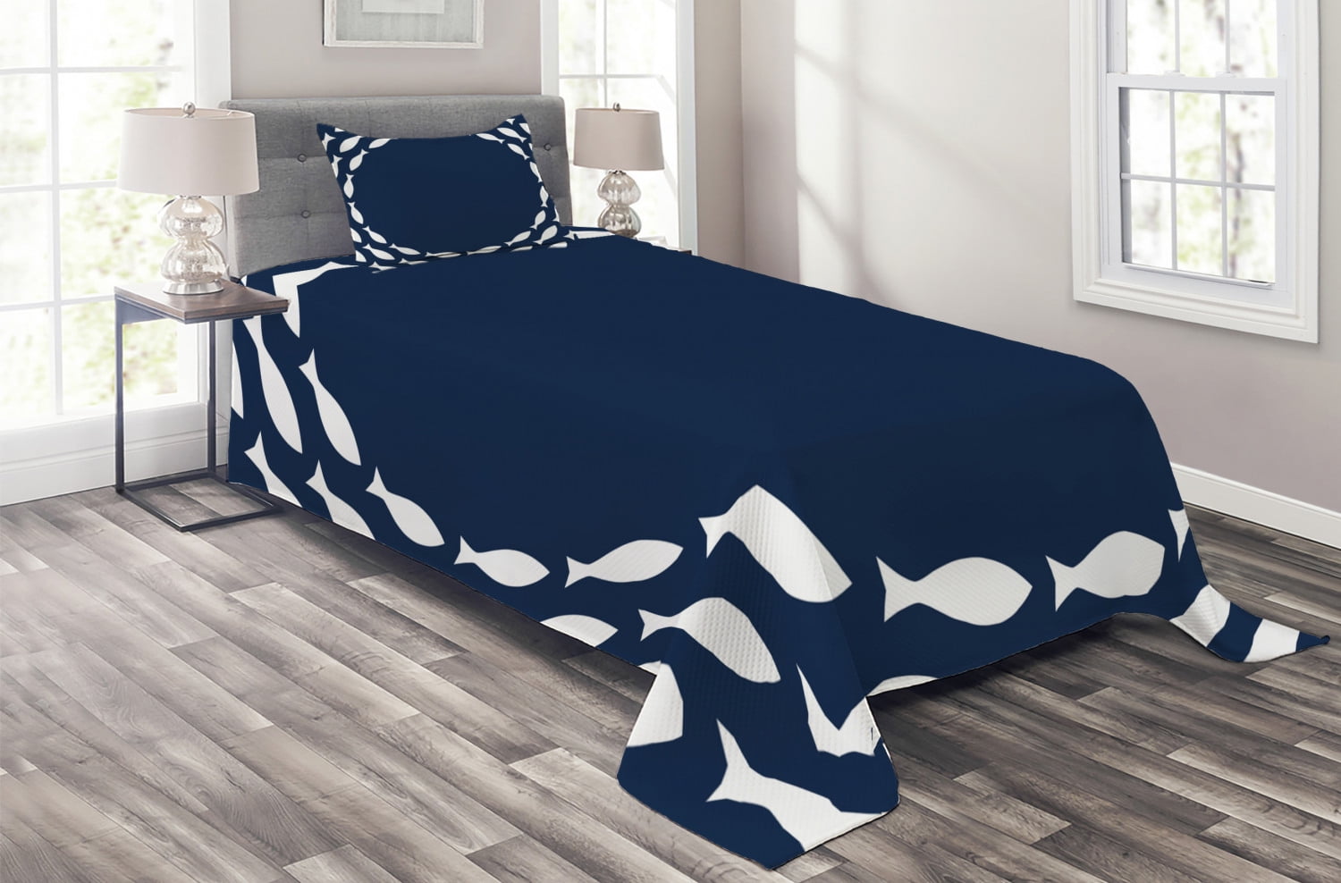 Navy Blue Coverlet Set Twin Size, Ocean 