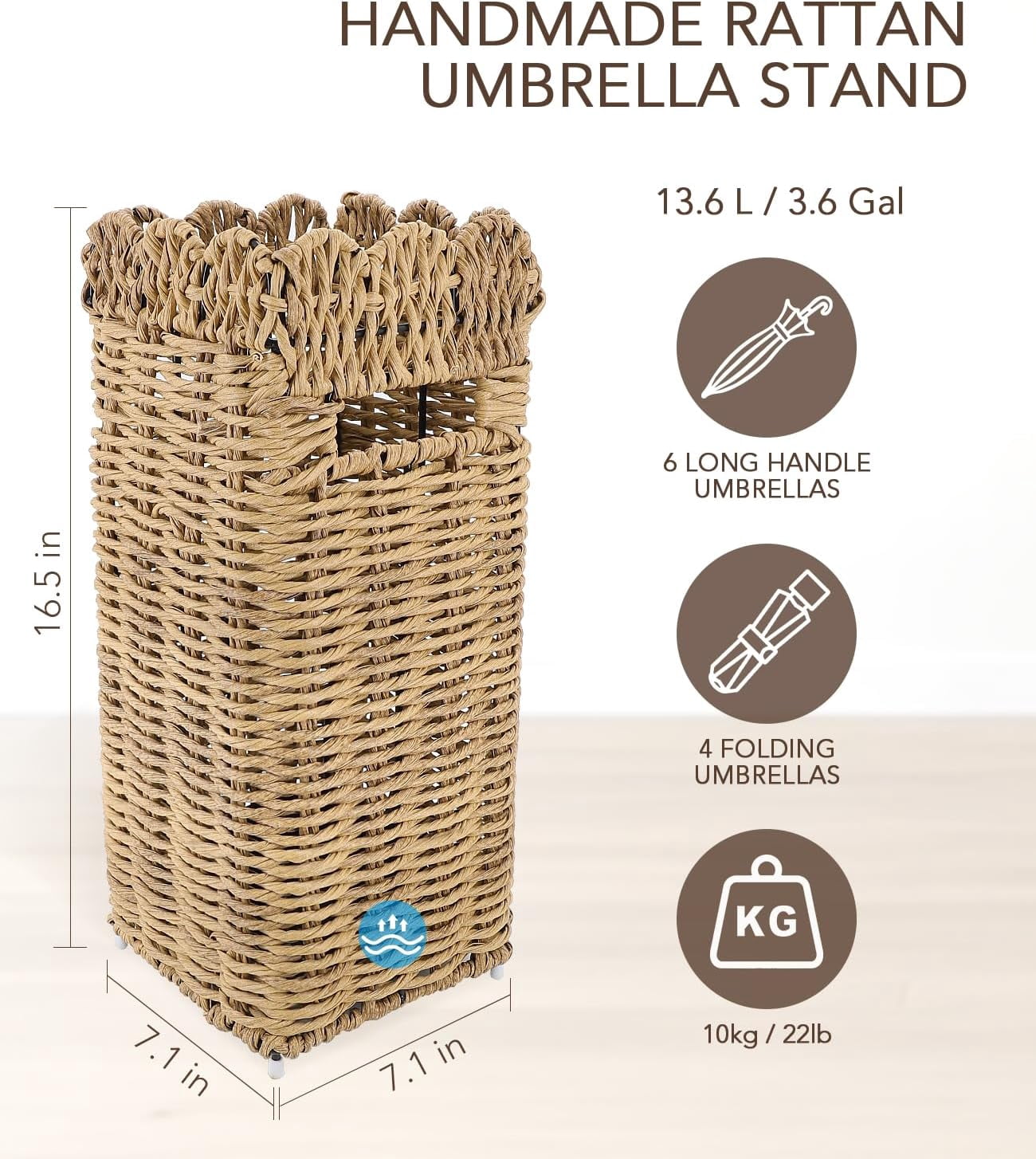 Woven Umbrella Stand for Entryway, PE Rattan Umbrella Holder Basket with Removable Drip Tray, Scalloped Square Cane Stand for Umbrellas, Walking Sticks, Wrapping Paper, Farmhouse Porch Decor